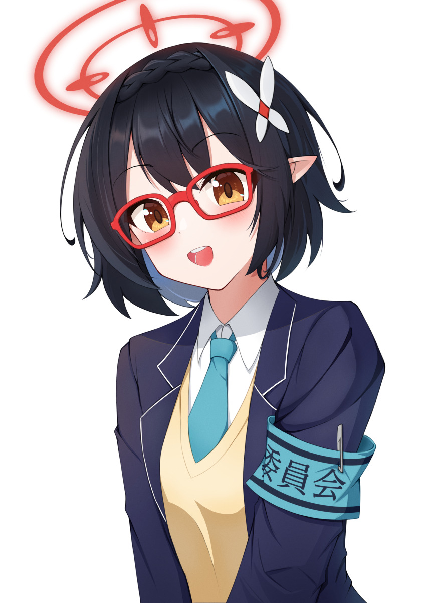 1girl :d absurdres aqua_armband aqua_necktie armband asagizu ayane_(blue_archive) black_hair blazer blue_archive braid brown_eyes collared_shirt commentary crown_braid flower glasses hair_between_eyes hair_flower hair_ornament halo head_tilt highres jacket looking_at_viewer medium_hair necktie open_clothes open_jacket open_mouth pointy_ears purple_jacket raised_eyebrows red-framed_eyewear red_halo shirt sidelocks smile solo sweater teeth upper_body upper_teeth_only white_background white_flower white_shirt yellow_sweater