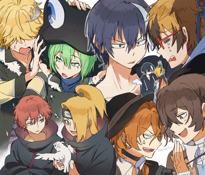 6+boys belphegor_(reborn) brown_hair bungou_stray_dogs dazai_osamu_(bungou_stray_dogs) deidara_(naruto) fran_(reborn) highres katekyo_hitman_reborn! lawless_(servamp) licht_jekylland_todoroki long_hair medium_hair multicolored_hair multiple_boys nakahara_chuuya naruto_(series) orange_hair rinu sasori_(naruto) servamp