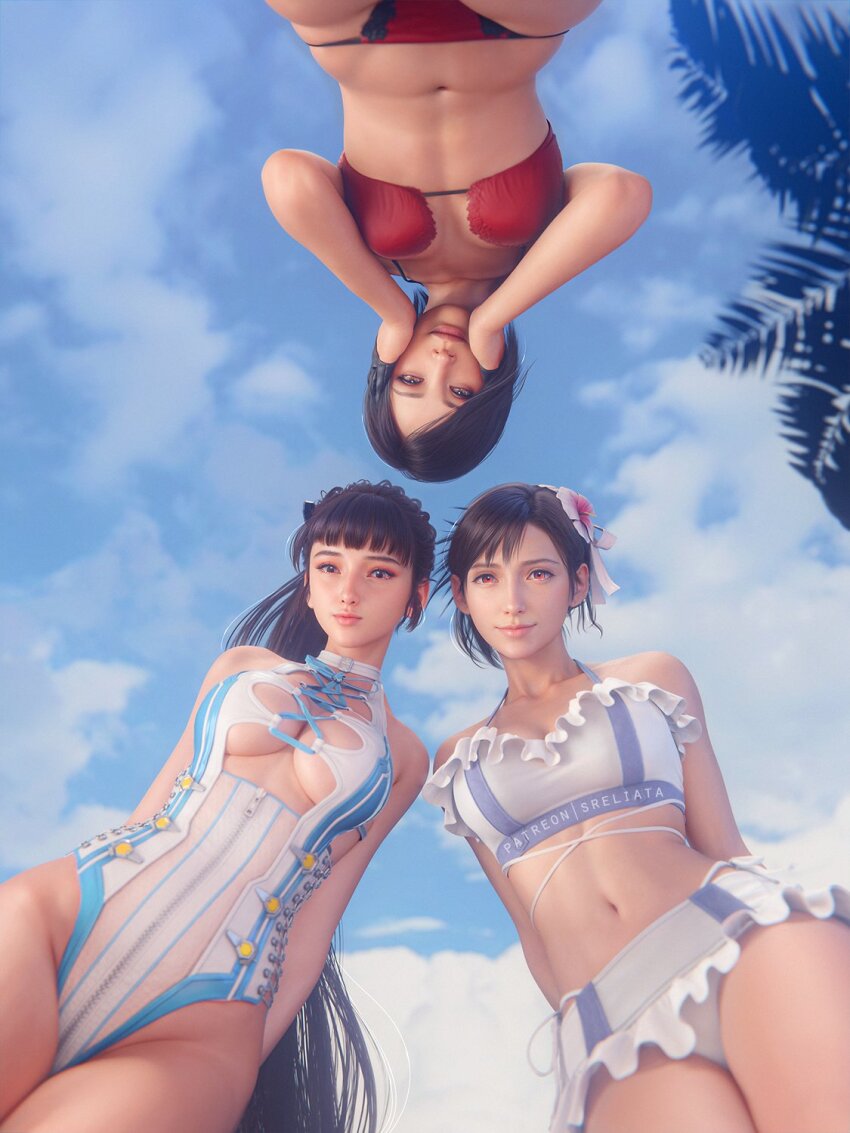 3d 3girls ada_wong beach bikini black_hair breasts brown_eyes eve_(stellar_blade) final_fantasy final_fantasy_vii final_fantasy_vii_remake flower from_below hair_flower hair_ornament hands_on_own_face highres long_hair looking_at_viewer midriff multiple_girls one-piece_swimsuit ponytail red_bikini red_eyes resident_evil resident_evil_4 shift_up short_hair sky sreliata stellar_blade swimsuit thighs tifa_lockhart white_bikini white_one-piece_swimsuit