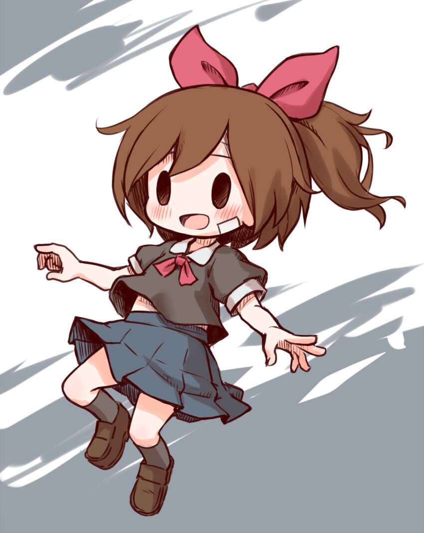 1girl arinu blush chibi highres pleated_skirt ponytail red_ribbon ribbon shin_yomawari shirt simple_background skirt yomawari_(series) yui_(yomawari)