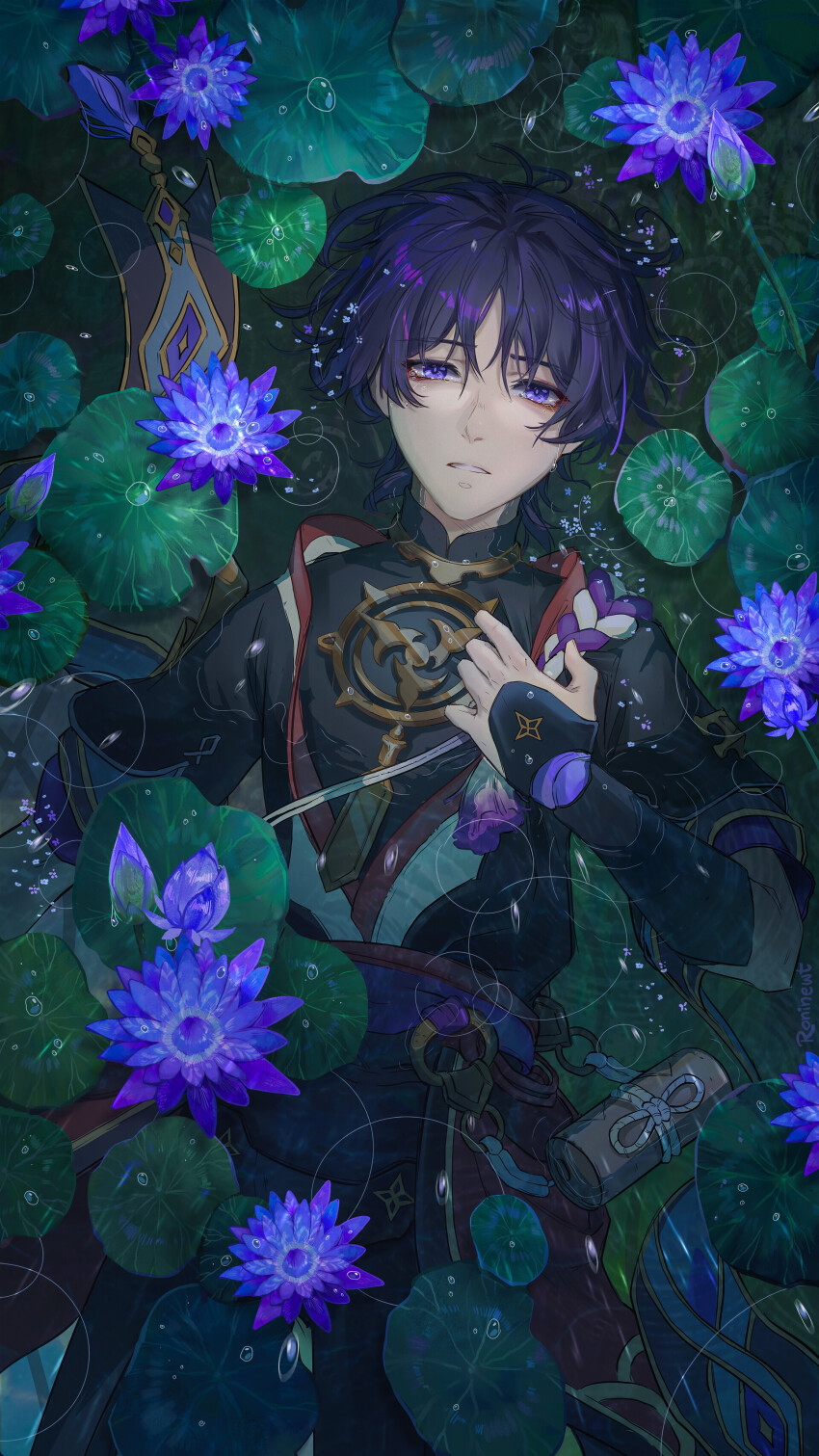 1boy absurdres armor black_bodysuit black_kimono black_shorts black_sleeves blunt_ends bodysuit clutching_chest eyeliner eyeshadow flower from_above furisode genshin_impact gold gold_trim han&#039;eri highres japanese_armor japanese_clothes jewelry kimono kote kurokote layered_kimono layered_sleeves lily_(flower) lily_pad looking_at_viewer looking_up makeup male_focus mandarin_collar mitsudomoe_(shape) neck_ring o-ring open_clothes open_kimono outdoors parted_lips partially_submerged purple_eyes purple_hair purple_rope purple_sash purple_sleeves rain red_eyeliner red_eyeshadow red_kimono ripples roninewt rope sash scaramouche_(genshin_impact) shimenawa shorts solo tassel tomoe_(symbol) water_drop white_kimono white_mouth white_rope