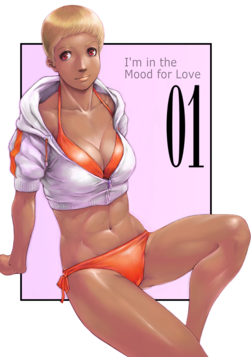1girl abs arm_support bikini blonde_hair breasts cleavage dark-skinned_female dark_skin english_text female_focus highres hood hoodie muscular navel orange_bikini original red_eyes short_hair side-tie_bikini_bottom sitting solo swimsuit vigwer