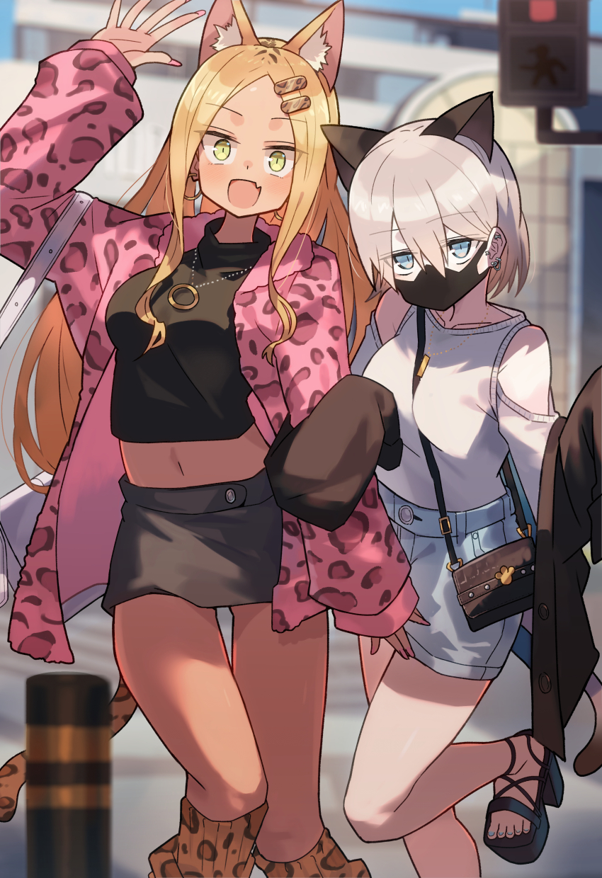 2girls absurdres animal_ear_fluff animal_ears animal_print bag bengal_cat-chan_(katsu) black_shirt blonde_hair brown_skirt cat_ears cat_girl cat_tail denim denim_shorts detached_sleeves grey_hair gyaru highres jacket katsu_(katsupainter) leopard_print locked_arms long_hair mask mouth_mask multiple_girls navel open_mouth original pink_jacket shirt shorts shoulder_bag siamese_cat-chan_(katsu) skirt tail white_shirt
