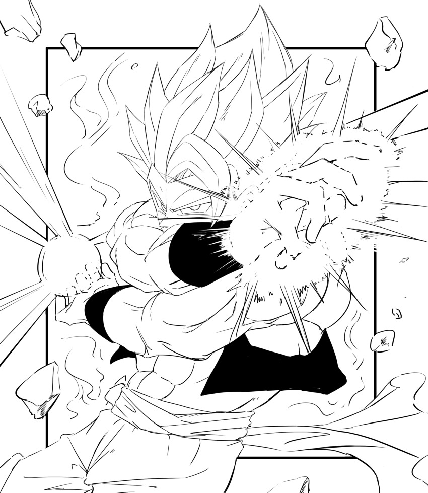 1boy absurdres black_vest crossed_arms dragon_ball dragon_ball_super dragon_ball_super_broly dragon_ball_z_dokkan_battle gogeta greyscale highres male_focus metamoran_vest monochrome paneled_background pants powering_up rock solo_focus super_saiyan super_saiyan_blue transcendent_blazer vest white_pants yukito_(yukito85476)