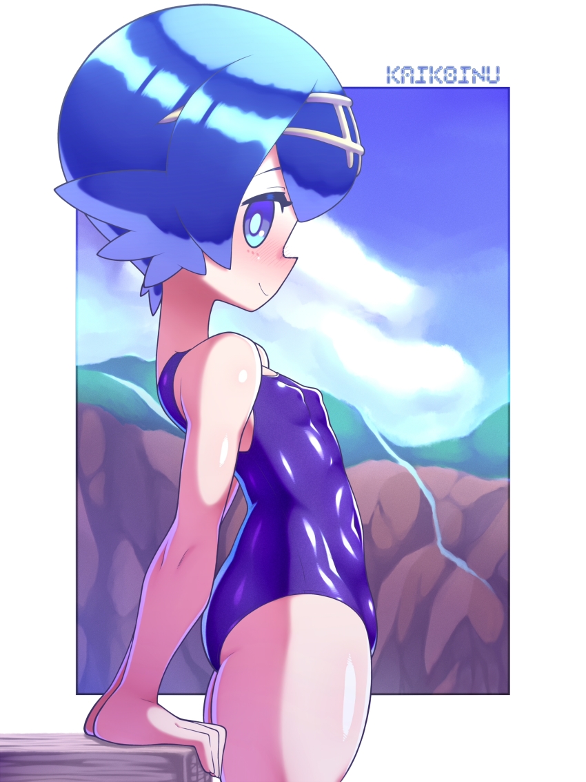 1girl absurdres blue_eyes blue_hair blush border breasts covered_erect_nipples covered_navel cowboy_shot female_focus from_side highres kaikoinu lana_(pokemon) leaning_on_object loli looking_at_viewer mountainous_horizon nintendo one-piece_swimsuit pokemon pokemon_sm short_hair small_breasts smile solo swimsuit thick_thighs thighs tiara white_border