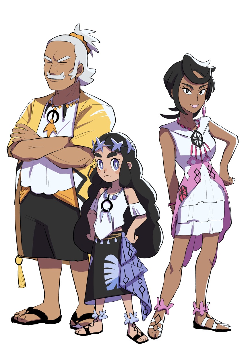1boy 2girls absurdres black_hair black_sarong closed_eyes cosplay crossed_arms dark-skinned_female dark-skinned_male dark_skin dreamcatcher facial_hair full_body hala_(pokemon) hand_on_own_hip hands_on_own_hips hapu_(pokemon) hau_(pokemon) hau_(pokemon)_(cosplay) hau_(sygna_suit)_(pokemon) highres lana_(pokemon) lana_(pokemon)_(cosplay) lana_(sygna_suit)_(pokemon) looking_at_viewer mina_(pokemon) mina_(pokemon)_(cosplay) mina_(sygna_suit)_(pokemon) multiple_girls mustache nintendo official_alternate_costume olivia_(pokemon) papurikagakusyu pokemon pokemon_masters_ex pokemon_sm sandals sarong simple_background v-shaped_eyebrows white_background white_hair