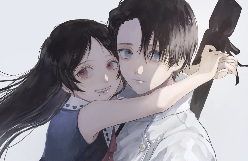 1boy 1girl arms_around_neck black_hair blue_dress brown_hair buttons closed_mouth dress expressionless floating_hair ha_mmmu happy high_collar highres holding_own_hand jacket jujutsu_kaisen jujutsu_tech_uniform looking_to_the_side mole mole_under_mouth okkotsu_yuuta orimoto_rika red_ribbon ribbon school_uniform short_hair sidelighting simple_background weapon_bag white_jacket