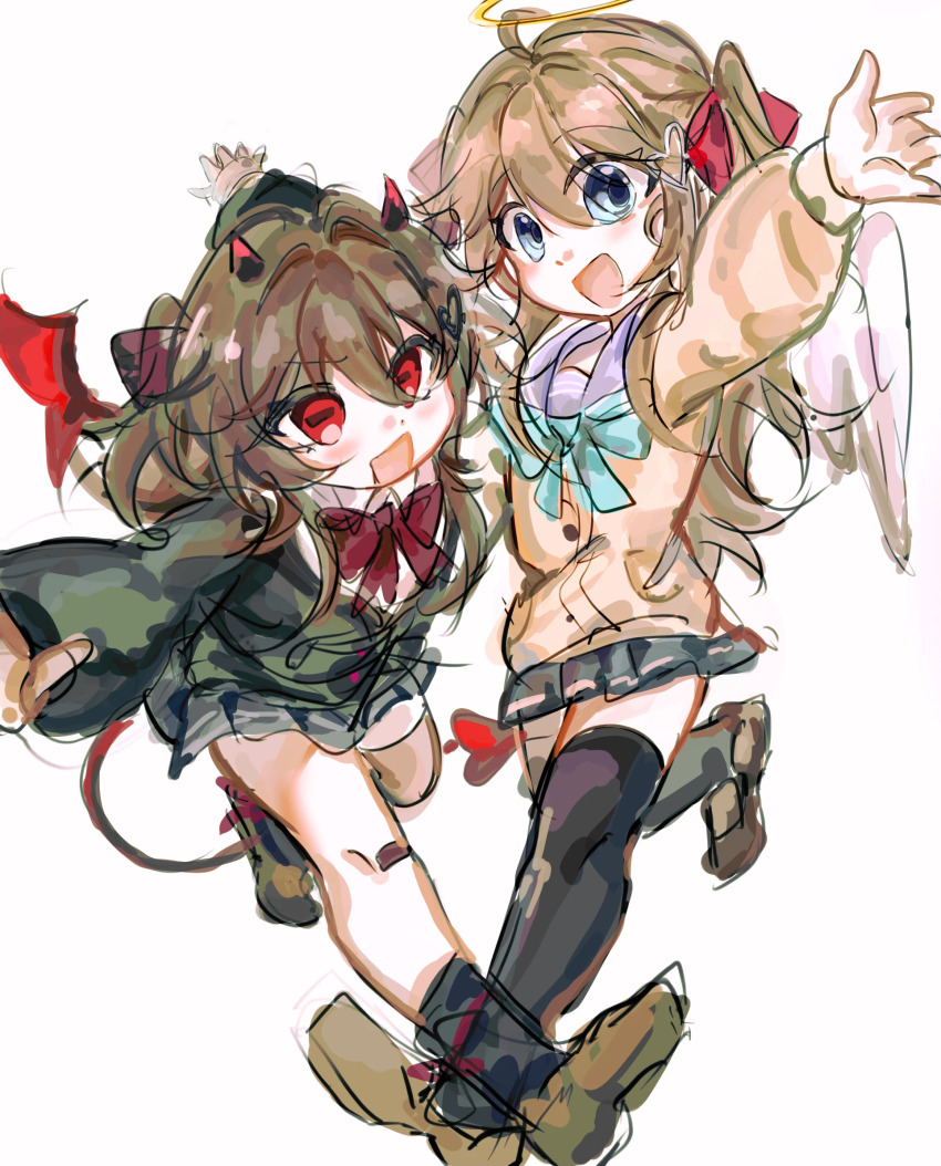 2girls ;d angel angel_wings aqua_ribbon black_skirt blue_eyes demon_horns demon_wings evil_neuro-sama halo highres horns huatu904 multiple_girls neuro-sama one_eye_closed open_mouth pleated_skirt red_eyes red_ribbon ribbon school_uniform serafuku siblings sisters skirt smile tententengokujigokugoku_(aiobahn) twins vedal_ai white_background wings