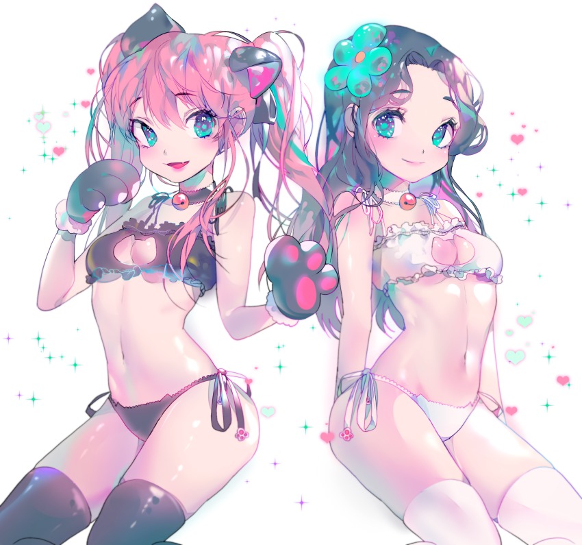 10s 2girls :d alternate_costume alternate_hairstyle animal_ears animal_hands bell black_hair black_legwear black_panties blue_flower blush breasts cat_cutout cat_ear_panties cat_ears cat_lingerie choker cleavage cleavage_cutout closed_mouth clothing_cutout eyebrows eyelashes fang flower flower_fairy_(osomatsu-kun) flower_girl_(osomatsu-kun) frills gloves hair_flower hair_intakes hair_ornament hashimoto_nyaa heart highres jingle_bell long_hair looking_at_viewer meme_attire multicolored_hair multiple_girls navel neck_bell open_mouth osomatsu-kun osomatsu-san osomatsu_(series) panties parted_bangs paw_gloves paw_print pink_hair side-tie_panties sitting small_breasts smile sparkle stomach streaked_hair thighhighs twintails underboob underwear underwear_only vivinos white_background white_legwear white_panties