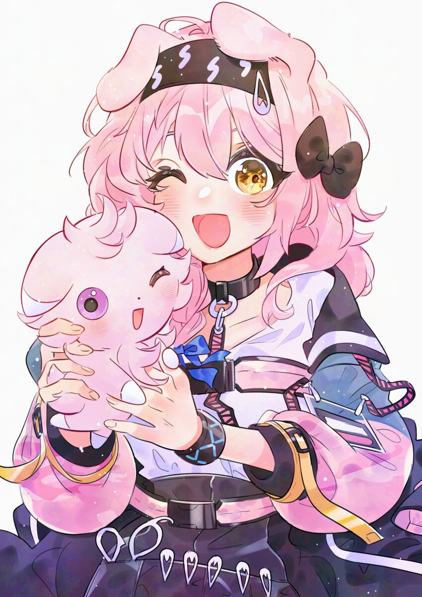 1girl absurdres animal_ears arknights black_hairband blush bow braid cat_ears cat_girl coat floppy_ears goldenglow_(arknights) hair_bow hairband highres holding id_card infection_monitor_(arknights) jacket lightning_bolt_print long_hair long_sleeves looking_at_viewer multicolored_jacket noxxia39 object_in_pocket pink_coat pink_hair pink_jacket pocket print_hairband sanrio scissors scottish_fold shirt simple_background smile white_shirt yellow_eyes