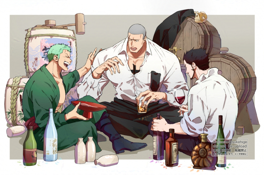 2024 3boys alcohol barrel black_hair bottle buzz_cut chest_tattoo cup daz_bones den_den_mushi dracule_mihawk drinking_glass facial_hair glass_bottle green_hair green_kimono japanese_clothes kimono multiple_boys muscular muscular_male one_piece open_mouth pants red_wine roronoa_zoro shirt short_hair sitting smile sukehige tattoo very_short_hair white_shirt wine wine_bottle wine_glass