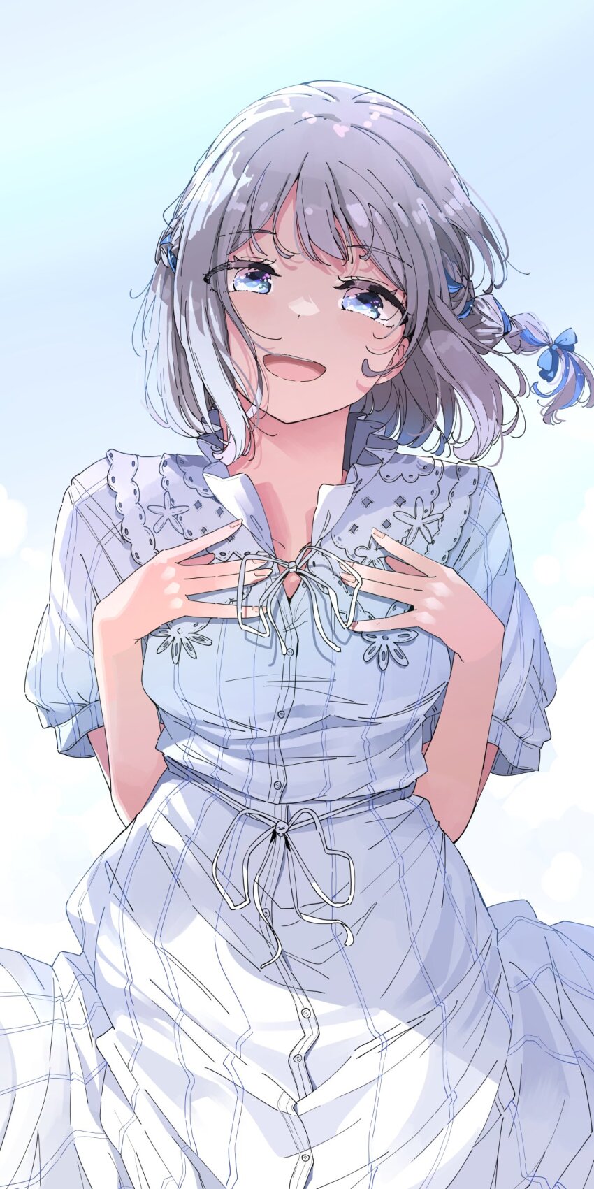 1girl :d blue_bow blue_eyes blue_ribbon bow braid buttons commentary dress floating_hair gakuen_idolmaster grey_hair hair_bow hair_ribbon half_up_braid hands_on_own_chest highres idolmaster katsuragi_lilja nyoijizai open_mouth ribbon short_hair short_sleeves sky smile solo sundress wake_up!!_(idolmaster) white_dress white_ribbon