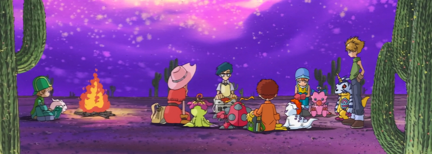 cactus digimon digimon_adventure fire gabumon gomamon hat highres ishida_yamato izumi_koshiro kido_jo orange_hair palmon piyomon screencap sky tachikawa_mimi tail takaishi_takeru takenouchi_sora tentomon tokomon