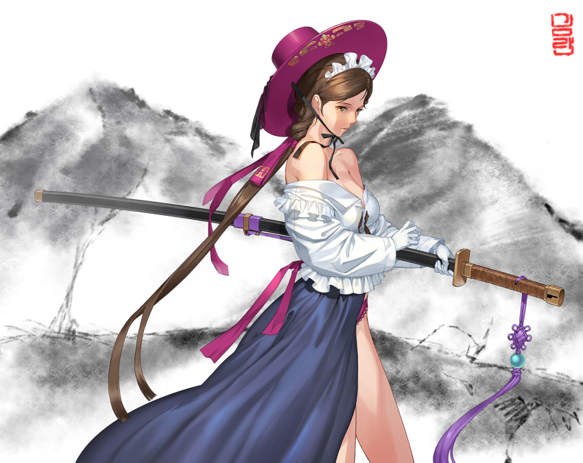 1girl bad_id bad_pixiv_id breasts brown_eyes brown_hair cleavage female_focus gat_(hat) gloves hat highres keumran_(last_origin) korean_clothes lace lace-trimmed_panties lace_trim last_origin long_hair long_skirt looking_at_viewer maid maid_headdress off-shoulder_blouse off_shoulder panties pink_panties shirt side_slit skirt solo sword taktori underwear very_long_hair weapon white_gloves white_shirt