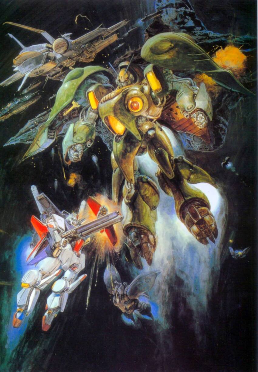 asteroid axis_(gundam) explosion gundam gundam_zz highres mecha nahel_argama official_art qubeley_mass_production_type quin_mantha robot space spacecraft takani_yoshiyuki zz_gundam