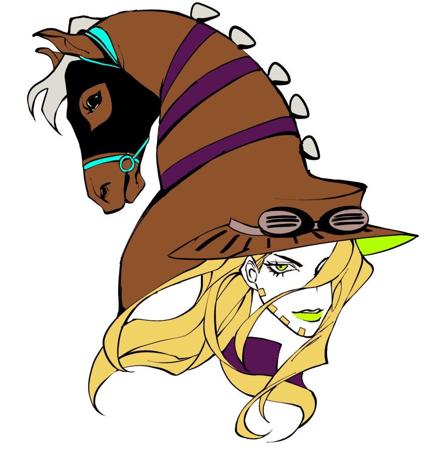 1boy beard black_mask blonde_hair brown_hat brown_horse clamchowder55 cowboy_hat facial_hair flat_color goggles goggles_on_headwear green_eyes green_lips gyro_zeppeli hair_over_one_eye hat highres horse jojo_no_kimyou_na_bouken long_hair makeup male_focus mask mask_on_head spot_color steel_ball_run valkyrie_(jojo) white_background