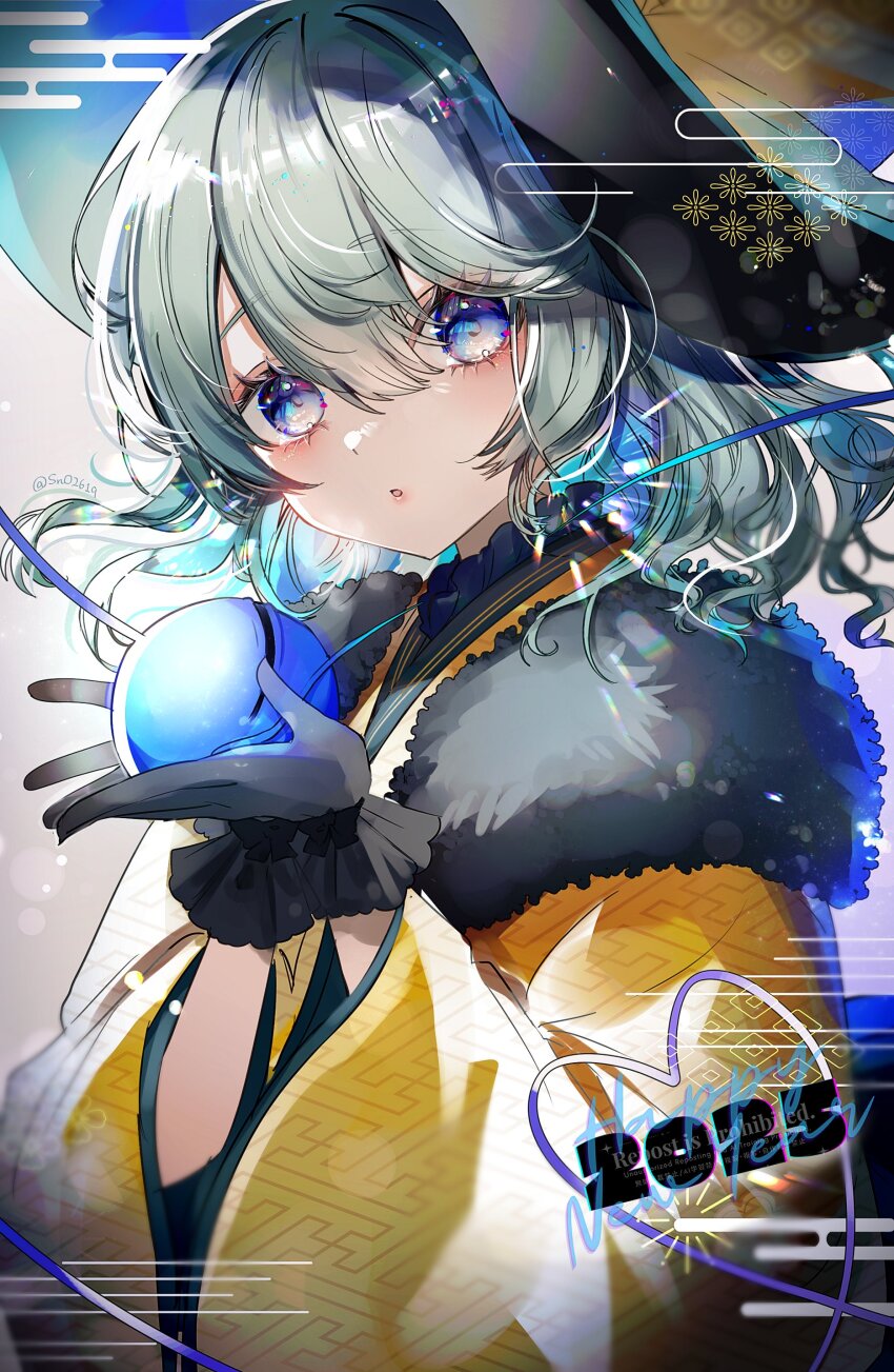 1girl 2025 absurdres alternate_costume black_gloves black_hat blue_eyes commentary_request egasumi eyeball fur-trimmed_kimono fur_trim gloves green_hair hands_up happy_new_year hat highres holding_eyeball japanese_clothes kimono komeiji_koishi long_sleeves looking_at_viewer medium_hair new_year parted_lips sayagata solo suzune_hapinesu touhou upper_body watermark white_background wide_sleeves yellow_kimono