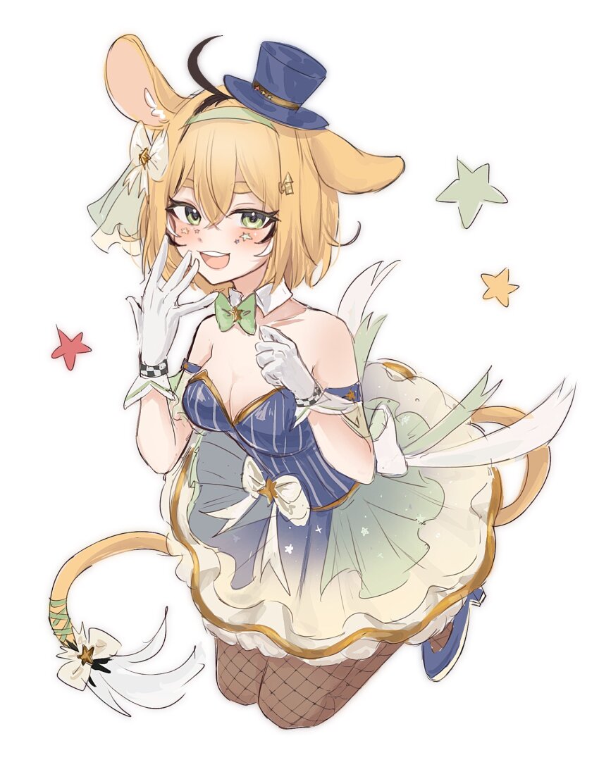 1girl :d ahoge animal_ear_fluff animal_ears back_ribbon blonde_hair blue_dress blue_hat blue_shoes blue_skirt bow bowtie breasts brown_pantyhose cleavage crossed_bangs detached_collar dooby_(vtuber) dress facial_mark fishnet_pantyhose fishnets frilled_skirt frills gloves gold_trim gradient_clothes gradient_skirt green_bow green_bowtie green_eyes green_skirt hair_bow happy_(yppah1060) hat highres indie_virtual_youtuber jerboa_tail layered_skirt light_blush looking_at_viewer medium_breasts mini_hat mini_top_hat multicolored_skirt official_alternate_costume open_mouth pantyhose pinstripe_dress pinstripe_pattern ribbon shoes short_eyebrows short_hair skirt smile solo star_(symbol) star_facial_mark strapless strapless_dress tail tail_ornament tail_ribbon teeth thick_eyebrows top_hat tutu upper_teeth_only virtual_youtuber waist_ribbon white_background white_bow white_gloves white_skirt