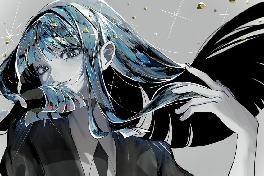 1other androgynous black_necktie blue_hair colored_eyelashes colored_skin crystal_hair gem_uniform_(houseki_no_kuni) glowing glowing_hair goan_pizya hashtag-only_commentary highres houseki_no_kuni lapis_lazuli_(gemstone) lapis_lazuli_(houseki_no_kuni) necktie other_focus shards short_jumpsuit white_skin