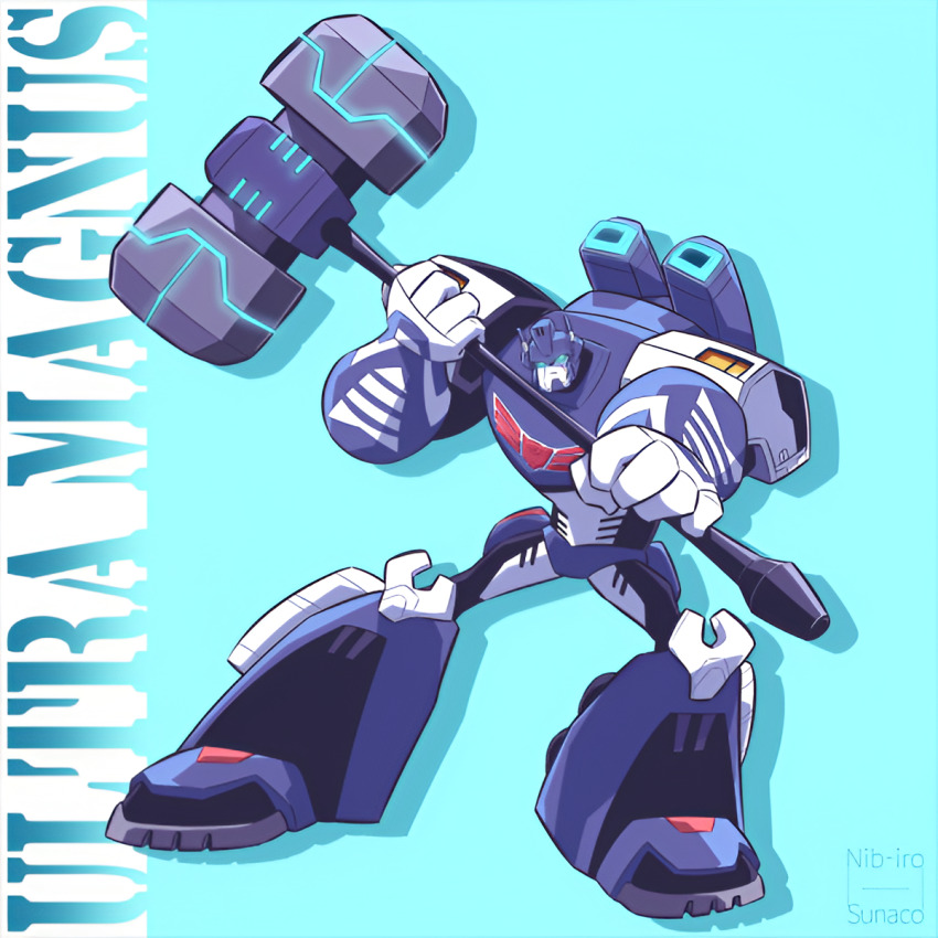 autobot blue_background blue_eyes glowing glowing_eyes hammer helmet highres humanoid_robot machine mecha mijinkotail029 oversized_forearms oversized_limbs resized robot science_fiction transformers transformers_animated ultra_magnus upscaled war_hammer weapon