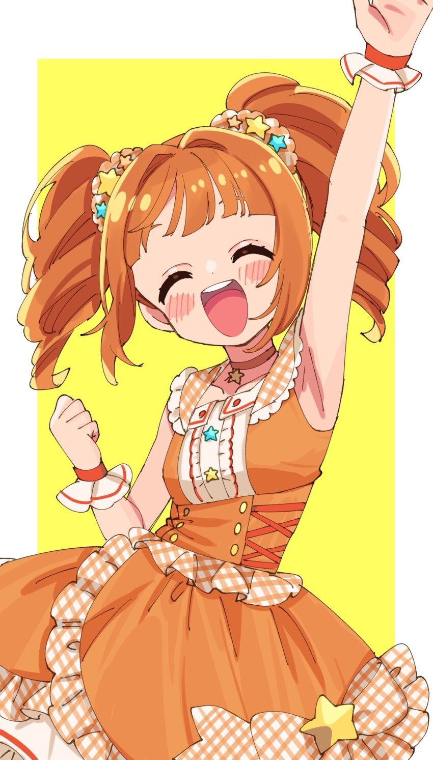 1girl ^_^ arm_up armpits border breasts brown_hair brown_scrunchie choker clenched_hand closed_eyes collarbone cowboy_shot dot_nose dress frilled_dress frills hair_ornament hair_scrunchie hand_up highres idolmaster idolmaster_(classic) open_hand open_mouth orange_corset orange_dress outside_border pink_choker plaid_clothes plaid_dress plaid_scrunchie scrunchie sleeveless sleeveless_dress small_breasts smile solo standing star_(symbol) star_choker star_hair_ornament sukoyaka_(100hituzi) takatsuki_yayoi teeth twintails underbust upper_teeth_only white_border yellow_background
