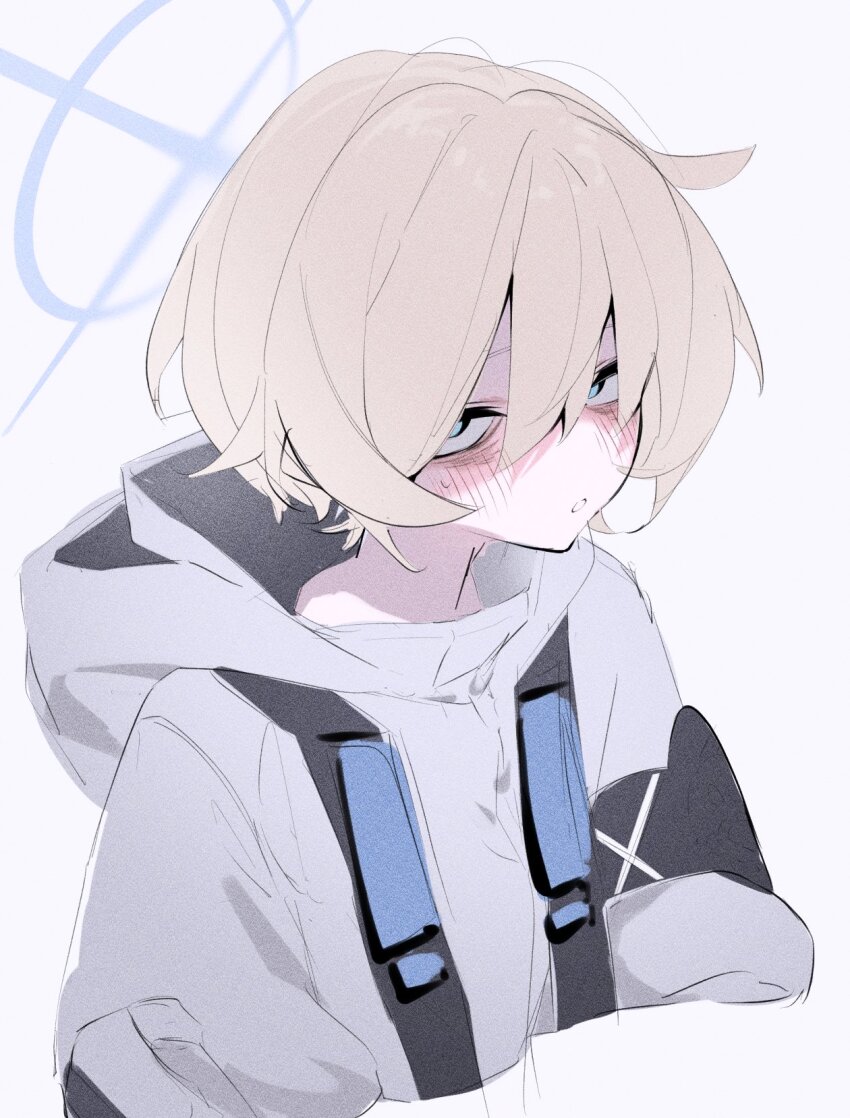 1girl arius_student_(blue_archive) blonde_hair blue_archive blue_eyes blush coat commentary_request cropped_torso grey_background grey_coat hair_between_eyes halo highres hood hood_down hooded_coat looking_at_viewer shihiki short_hair simple_background solo sweat upper_body