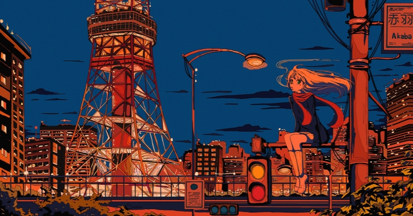 1girl aqua_eyes arms_at_sides artdroiiid_ii blue_sweater blue_theme bridge building cigarette city city_lights cityscape cloud commentary english_commentary expressionless floating_clothes floating_hair kneehighs lamppost limited_palette long_hair looking_at_viewer night night_sky original pedestrian_bridge power_lines radio_tower red_scarf red_theme road_sign scarf scenery shoes shorts sideways_glance sign sitting sky skyscraper sleeves_past_fingers sleeves_past_wrists smoke smoking socks solo sweater traffic_light transformer tree utility_pole white_hair white_shoes white_shorts white_socks wide_shot wind