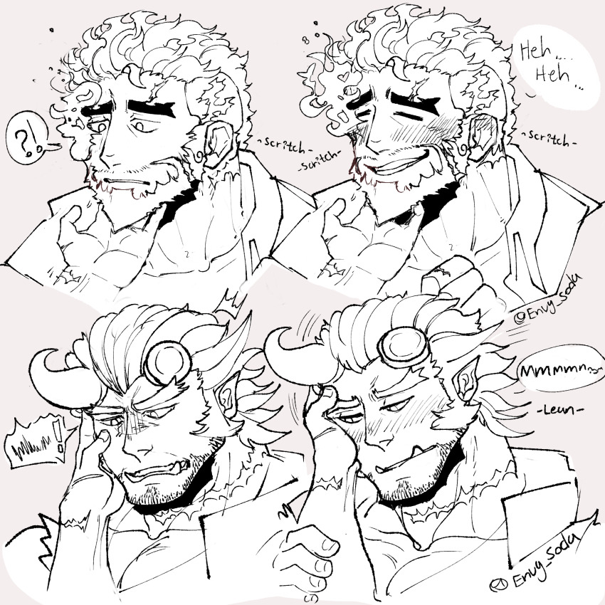 !? 3boys =_= bara beard blush broken_horn demon_boy demon_horns english_text envysoda eyebrow_cut facial_hair feeling_facial_hair fiery_horns flaming_eye furrowed_brow grabbing_another&#039;s_arm greyscale_with_colored_background happy hephaestus_(housamo) highres horns large_pectorals male_focus mature_male motion_lines multiple_boys mutton_chops pectoral_cleavage pectorals playing_with_another&#039;s_hair protagonist_3_(housamo) sanpaku scar spoken_interrobang stubble surprised takemaru_(housamo) thick_eyebrows tokyo_houkago_summoners tsundere turn_pale upper_body v-shaped_eyebrows yaoi