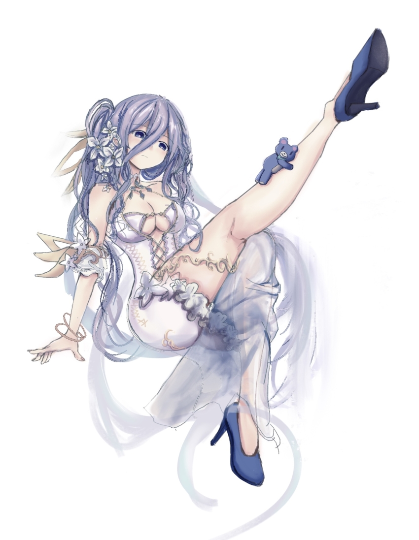 blue_eyes breasts cleavage date_a_live dress hair_ornament high_heels highres long_hair murasame_reine stuffed_animal stuffed_toy teddy_bear thick_thighs thighs white_hair