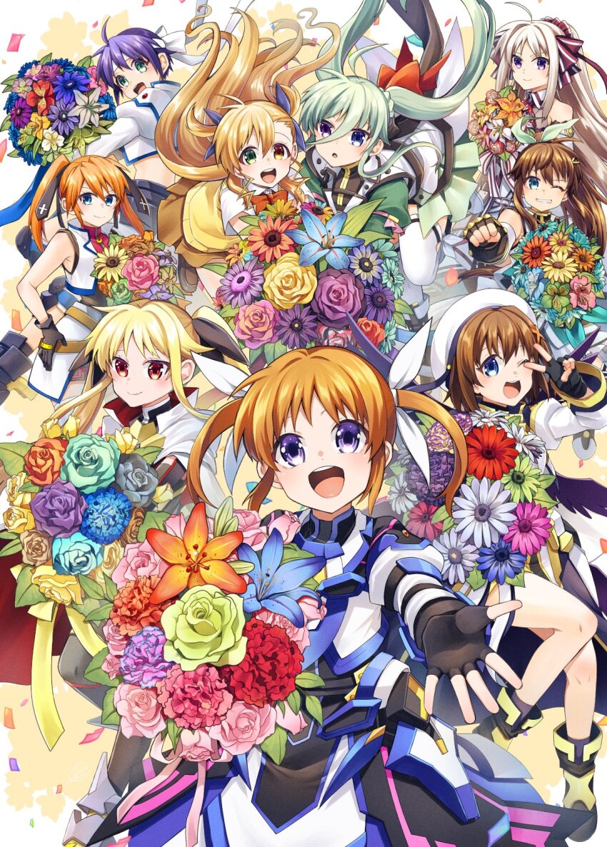 ahoge amatsuki_colors blonde_hair blue_eyes blue_hair blush bouquet bow breasts brown_hair cape einhard_stratos fate_testarossa fingerless_gloves flower fuka_reventon gloves green_eyes green_hair green_ribbon grey_hair hair_bow hair_ornament hair_ribbon happy_anniversary hat heterochromia highres holding holding_flower long_hair looking_at_viewer lyrical_nanoha magical_girl mahou_shoujo_lyrical_nanoha_detonation mahou_shoujo_lyrical_nanoha_strikers multiple_girls open_clothes open_mouth orange_hair ponytail purple_eyes red_eyes ribbon rinne_berlinetta short_hair sidelocks skirt smile subaru_nakajima takamachi_nanoha teana_lanster thighhighs twintails v v_over_eye very_long_hair vivid_strike! vivio wings x_hair_ornament yagami_hayate