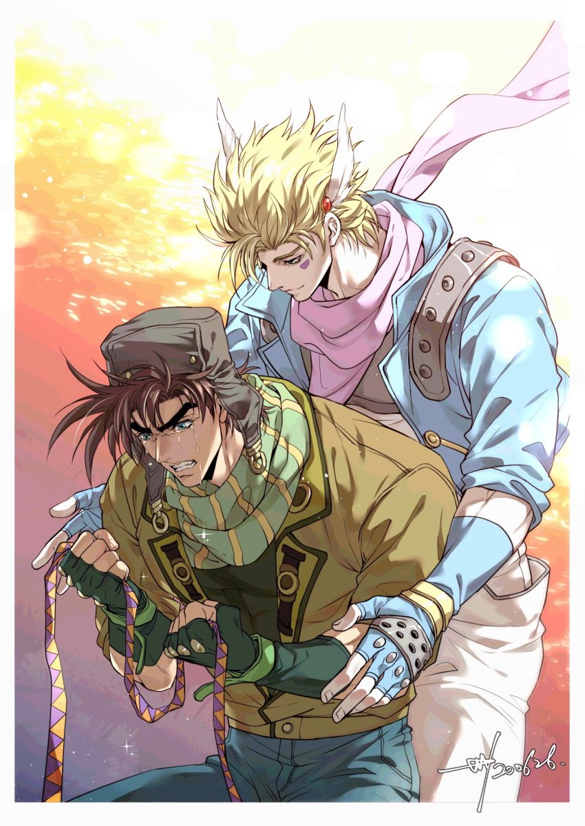 2boys aqua_eyes aviator_cap battle_tendency blonde_hair blue_gloves blue_jacket brown_hair brown_jacket caesar_anthonio_zeppeli clenched_hands clenched_teeth collared_jacket commentary_request crying denim facial_mark feather_hair_ornament fingerless_gloves gloves gradient_background green_eyes green_gloves hair_ornament high_collar highres holding jacket jeans jojo_no_kimyou_na_bouken joseph_joestar joseph_joestar_(young) lapels light_smile looking_at_another looking_down male_focus multicolored_scarf multiple_boys no_headband pants pink_scarf sashiyu scarf short_hair signature sparkle striped_clothes striped_scarf tears teeth triangle_print white_pants