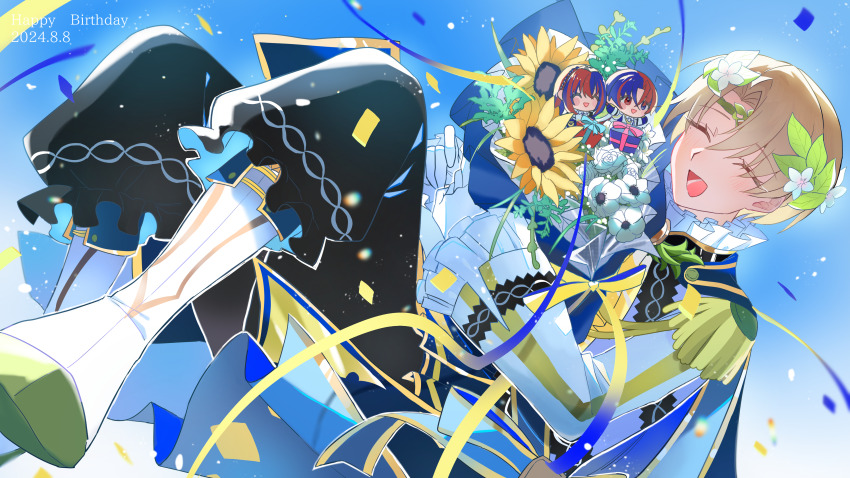 absurdres alear_(female)_(fire_emblem) alear_(fire_emblem) alear_(male)_(fire_emblem) alfred_(fire_emblem) ascot blonde_hair blue_cape blue_eyes blue_hair bouquet cape crossed_bangs dated fire_emblem fire_emblem_engage flower happy_birthday heterochromia highres holding holding_bouquet multicolored_hair nintendo open_mouth prince red_eyes red_hair rororotsu short_hair split-color_hair sunflower two-tone_hair yellow_ascot