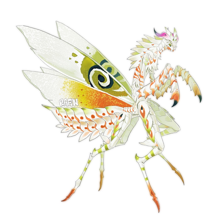 1boy abdomen_tail arthropod_boy arthropod_limbs arthropod_tail artist_name bairizuomeng body_markings carapace centauroid chimera exoskeleton extra_legs from_side full_body green_eyes green_wings highres horns insect_wings male_focus mandibles mantis_boy monster_boy multicolored_eyes multicolored_wings orange_wings original pink_horns praying_mantis simple_background solo standing swirl taur white_background wings yellow_eyes