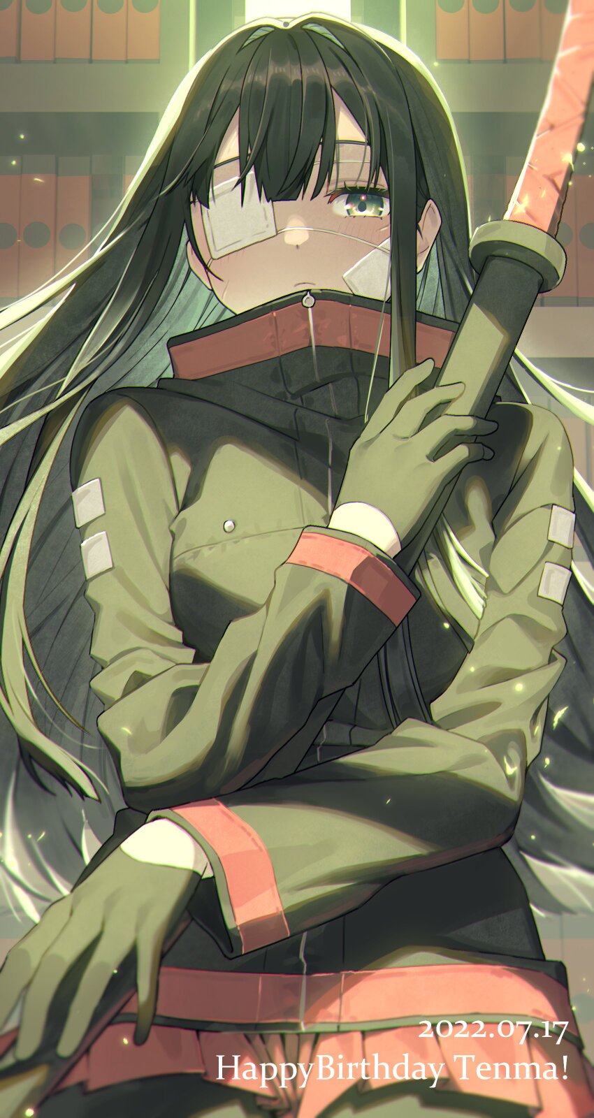 1girl absurdres black_gloves black_hair black_jacket bookshelf closed_mouth cowboy_shot eyepatch gloves green_eyes highres jacket katana library_of_ruina long_hair long_sleeves medical_eyepatch michael_(8m71d) pleated_skirt project_moon red_skirt sheath sheathed shi_association_south_uniform sidelocks skirt solo sword tenma_(project_moon) very_long_hair weapon