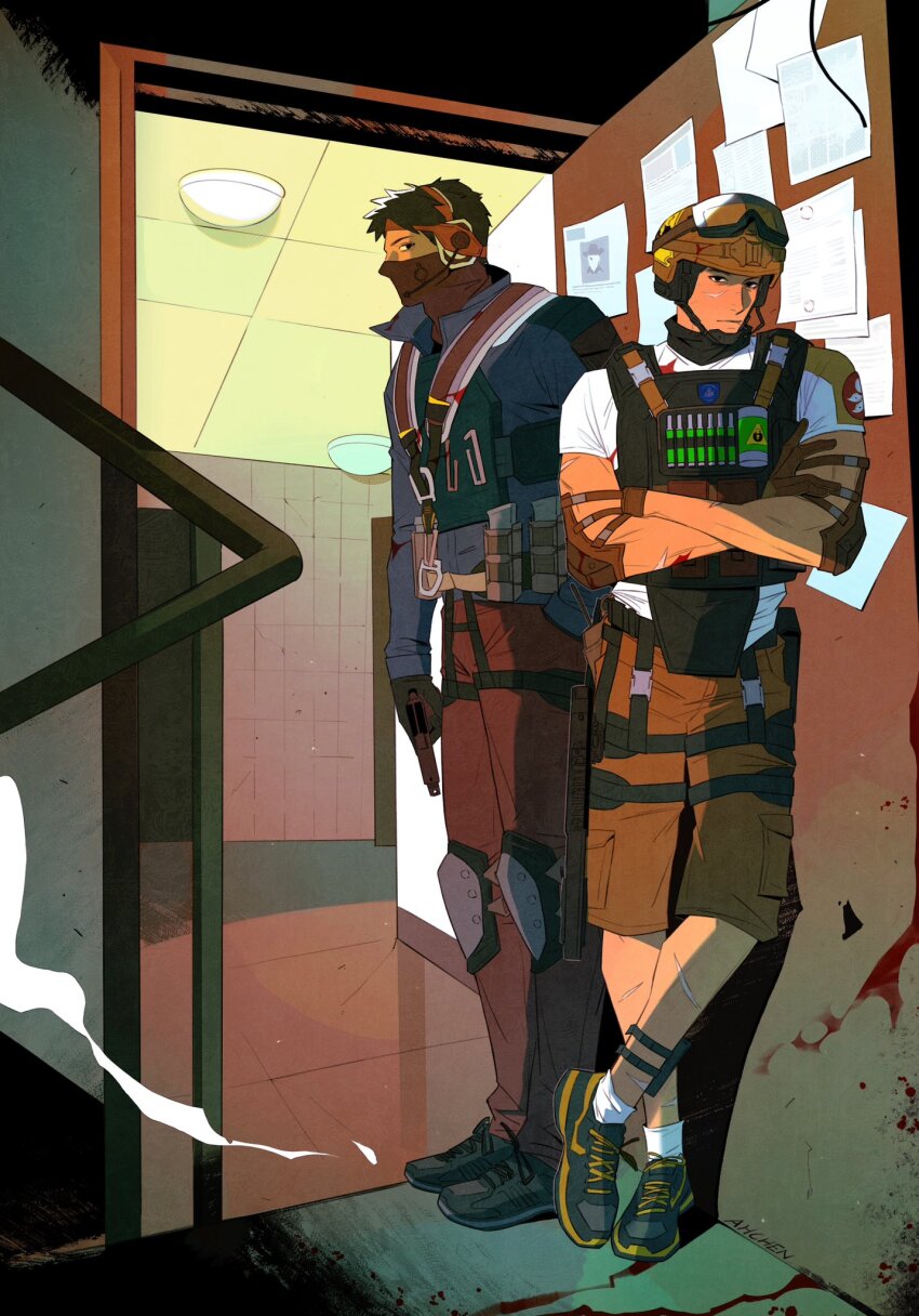 2boys artist_name black_eyes black_gloves black_hair blue_jacket brown_pants bulletproof_vest chin_strap combat_helmet crossed_arms echo_(rainbow_six_siege) elbow_pads gloves goggles goggles_on_headwear gun hand_in_pocket helmet highres holding holding_gun holding_weapon hong_kong_regional_flag indoors jacket jasonev11778442 knee_pads lesion_(rainbow_six_siege) looking_at_viewer male_focus mask military_operator mouth_mask multiple_boys pants paper rainbow_six_siege scar scar_on_arm scar_on_face scar_on_leg shirt shoes short_hair short_sleeves sneakers socks stairs stairwell weapon white_shirt white_socks
