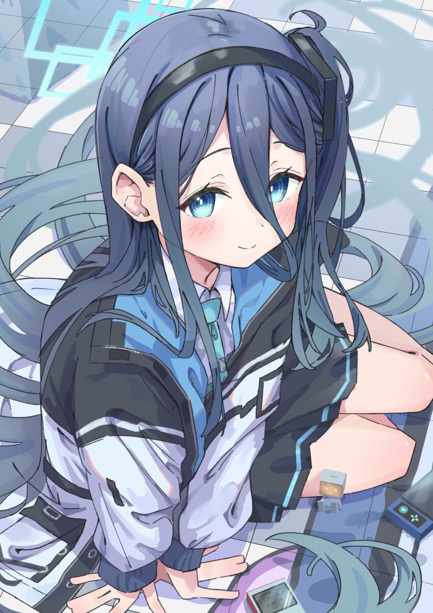 1girl absurdly_long_hair aqua_halo aris_(blue_archive) black_hair black_hairband black_skirt blue_archive blue_eyes blue_hair blue_necktie blush closed_mouth collared_shirt hair_between_eyes hair_spread_out hairband halo highres jacket kei_(robot)_(blue_archive) long_hair long_hair_between_eyes long_sleeves looking_at_viewer necktie on_floor one_side_up pleated_skirt rectangular_halo ringed_eyes shinshin_(ssnsn_oekaki) shirt sitting skirt smile solo very_long_hair white_jacket white_shirt