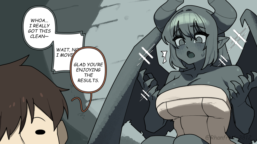 1boy 1girl :o artist_name black_eyes blush breasts brown_hair colored_sclera colored_skin commentary demon_girl demon_horns demon_wings english_commentary english_text gargoyle gomulgong grey_eyes grey_hair grey_horns grey_sclera grey_skin highres horns indoors large_breasts long_hair original solid_oval_eyes speech_bubble twitter_username wings