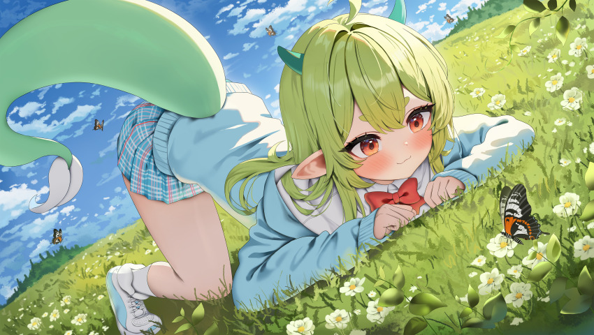 1girl :3 absurdres ahoge all_fours arme_(cgsy7484) blue_cardigan blue_skirt blue_sky blush bow bowtie bug butterfly cardigan closed_mouth cloud commission day detached_ahoge flower green_hair highres horns insect long_hair long_sleeves miniskirt off_shoulder on_grass orange_eyes original outdoors plaid_clothes plaid_skirt pointy_ears red_bow red_bowtie school_uniform shirt short_eyebrows skirt sky sleeves_past_wrists socks solo tail thick_eyebrows top-down_bottom-up white_flower white_shirt white_sneakers white_socks