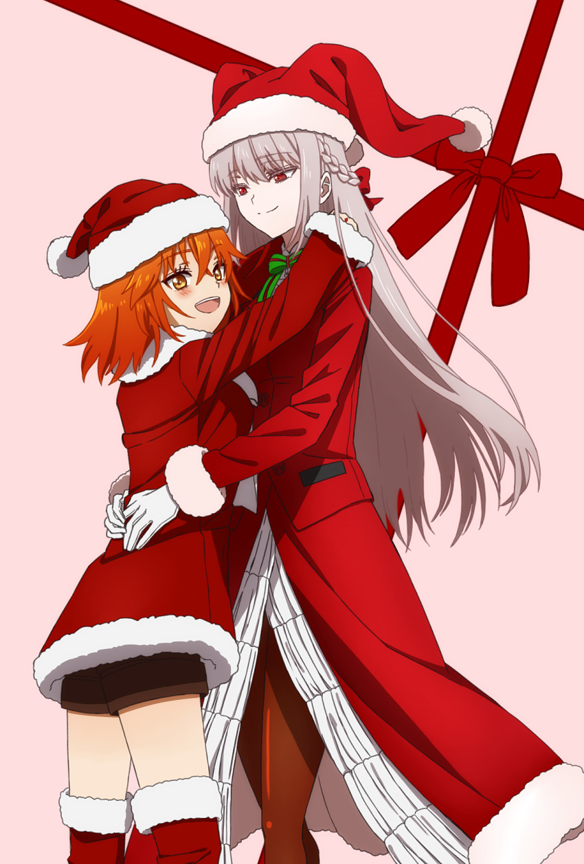 2girls blush braid brown_pantyhose christmas closed_mouth commentary_request crossed_bangs fate/grand_order fate_(series) florence_nightingale_(fate) florence_nightingale_(santa)_(fate) fujimaru_ritsuka_(female) fur-trimmed_headwear fur-trimmed_jacket fur-trimmed_sleeves fur_trim gloves grey_hair hair_between_eyes hair_ribbon hat highres hug jacket long_hair long_sleeves multiple_girls official_alternate_costume oiun open_mouth orange_hair pantyhose pocket red_eyes red_headwear red_jacket red_ribbon ribbon santa_costume santa_hat short_hair smile teeth upper_teeth_only white_gloves yuri
