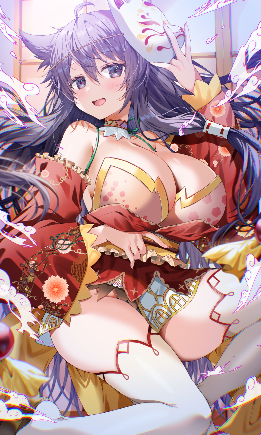 1girl absurdres ahoge animal_ears bare_shoulders blush breasts cleavage collarbone commentary_request commission detached_sleeves fox_mask fusuma hair_between_eyes hand_up highres huge_breasts indoors japanese_clothes kimono long_hair long_sleeves looking_at_viewer mask mask_on_head obi open_mouth original purple_eyes purple_hair red_kimono red_sleeves sash skeb_commission sliding_doors solo thighhighs thighs white_thighhighs yam_(yamap_mako)