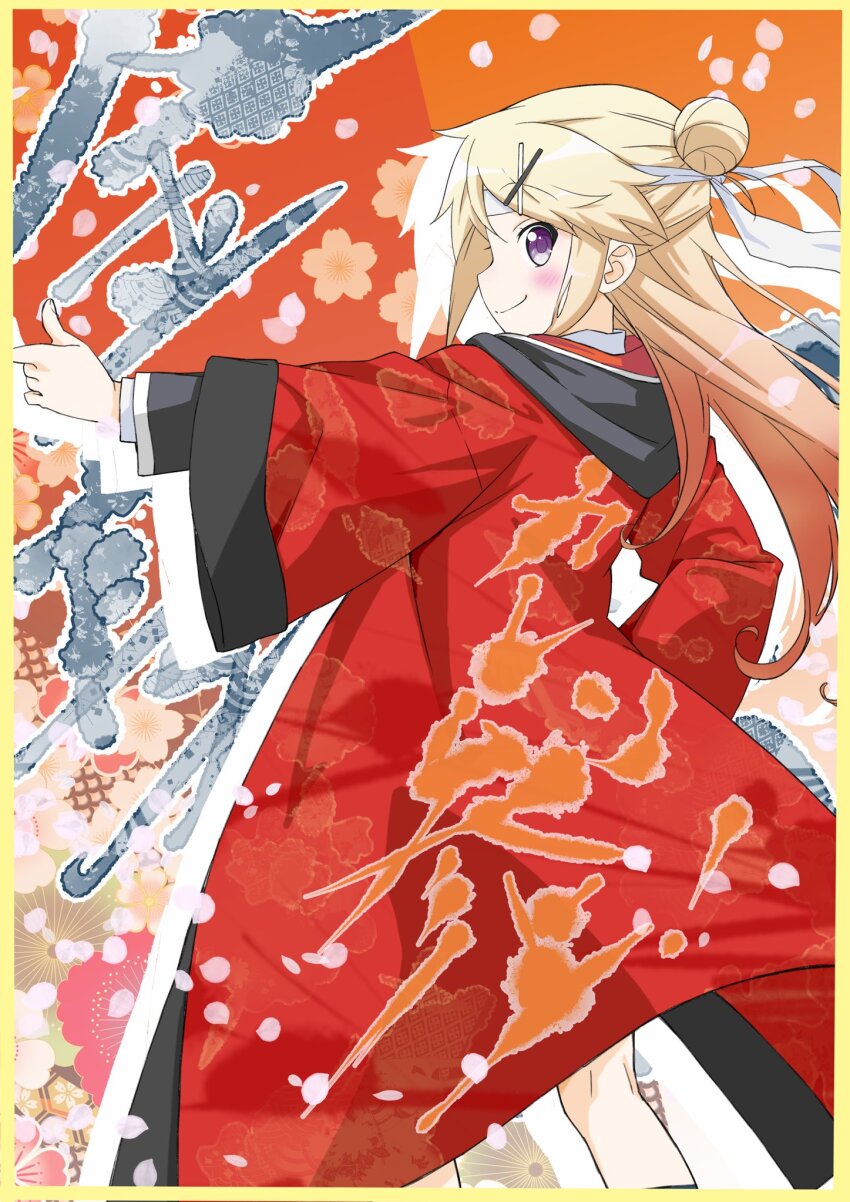 1girl black_coat black_jacket black_trim blonde_hair blue_socks blush closed_mouth clothing_request coat collared_shirt floral_background from_behind from_side gradient_hair grey_eyes hair_bun hair_ornament hairclip happy_birthday headband highres hood hood_down index_finger_raised jacket japanese_clothes kin-iro_mosaic koseki_masaru kujou_karen layered_sleeves long_eyelashes long_hair long_sleeves looking_at_viewer messy_hair multicolored_hair official_alternate_costume official_art orange_background out_of_frame pink_hair pointing pointing_forward profile purple_eyes red_coat red_jacket shirt short_over_long_sleeves short_sleeves smile socks solo touyama_nao translation_request tsurime two-sided_fabric two-sided_jacket upper_body very_long_hair white_headband white_headwear white_shirt wide_sleeves x_hair_ornament