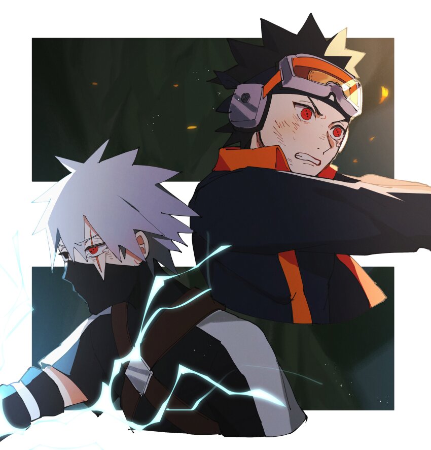 2boys absurdres black_hair chidori_(naruto) clenched_teeth commentary english_commentary fire forehead_protector goggles grey_hair hatake_kakashi highres jacket long_sleeves male_focus mask mouth_mask multiple_boys naruto_(series) naruto_shippuuden red_eyes scar scar_across_eye scar_on_face seirorath sharingan short_hair short_sleeves spiked_hair teeth uchiha_obito