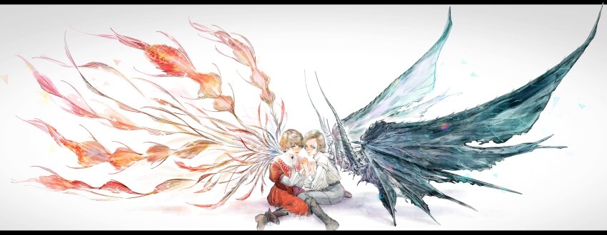 2boys absurdres aged_down alchimie bahamut_(final_fantasy) belt black_footwear blonde_hair blue_eyes boots closed_mouth commentary dion_lesage dragon_wings english_commentary feathered_wings final_fantasy final_fantasy_xvi frilled_sleeves frills grey_pants highres holding_hands joshua_rosfield knee_boots long_sleeves looking_at_viewer multiple_boys pants phoenix_(final_fantasy) puffy_sleeves red_robe robe shirt shirt_tucked_in short_hair simple_background sitting white_background white_shirt wings yellow_eyes