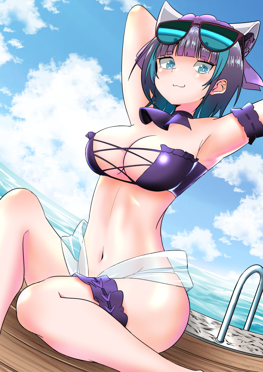 1girl :3 absurdres animal_band arm_garter armpits arms_behind_head arms_up azur_lane beach_chair beach_umbrella bikini blue_eyes breasts cheshire_(azur_lane) cheshire_(summery_date!)_(azur_lane) edoara eyewear_on_head female_focus frilled_thigh_strap grey_hair highres large_breasts long_hair long_ribbon looking_at_viewer maid maid_headdress multicolored_hair navel purple_bikini sarong smile solo strapless strapless_bikini streaked_hair sunglasses swimsuit thigh_strap tinted_eyewear umbrella