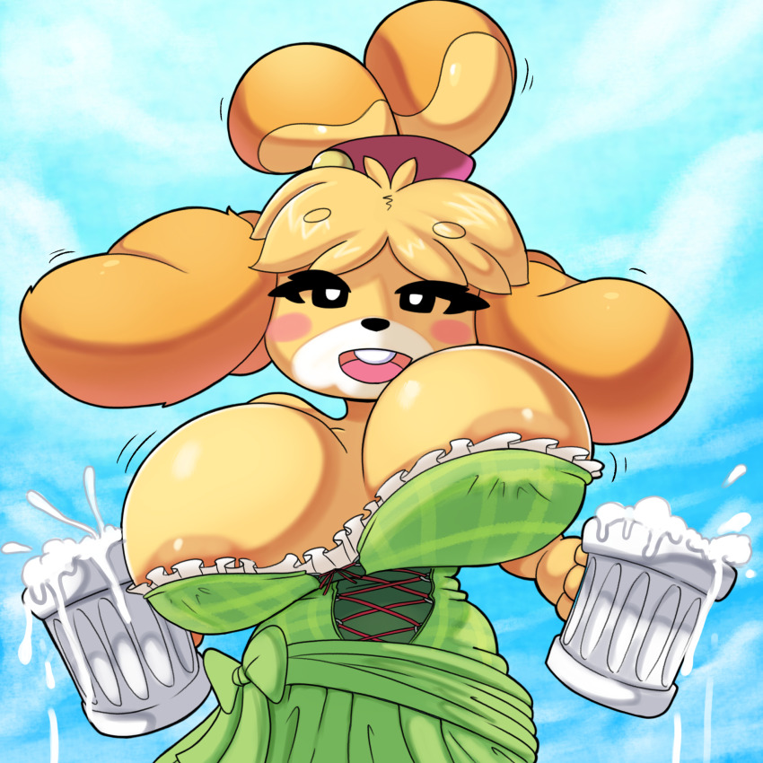 1girl animal_crossing areola_slip blush_stickers bouncing_breasts breasts brown_fur buck_teeth cup dress furry furry_female green_dress highres huge_breasts inchduhernz isabelle_(animal_crossing) large_areolae mug multicolored_fur nintendo open_mouth shih_tzu smile standing teeth yellow_fur