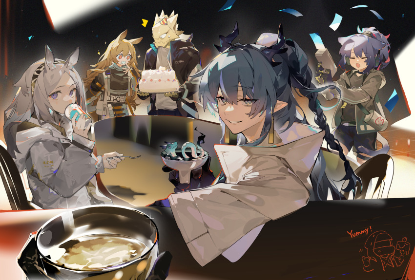 +_+ 12f_(arknights) 1boy 1other 4girls :d :o ^^^ animal_ear_fluff animal_ears arknights black_gloves black_hairband black_jacket black_shirt black_shorts blonde_hair blue_eyes blue_hair braid braided_ponytail cake ceobe_(arknights) chinese_commentary choko_(cup) closed_eyes commentary_request cup doctor_(arknights) dog_ears dragon dragon_horns earrings fingernails food fork gloves grey_hair grey_jacket hair_between_eyes hairband hat headphones heavyrain_(arknights) highres holding holding_cup holding_fork holding_plate horns horse_ears jacket jessica_(arknights) jewelry ling_(arknights) long_hair long_sleeves looking_at_viewer looking_back lungmen_dollar multiple_girls open_clothes open_jacket open_mouth parted_lips party_hat plate pointy_ears ponytail pov pov_hands purple_eyes red_eyes shirt shorts smile sweatdrop wanwan_huo_de_hao_beishang white_jacket white_shirt
