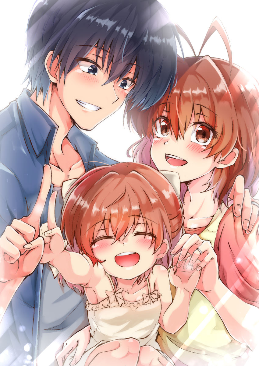 1boy 2girls :d ^_^ absurdres antenna_hair bare_arms blue_eyes blue_hair blue_jacket blush bow brown_eyes brown_hair casual child clannad closed_eyes collarbone commentary_request couple dress dress_bow eyelashes eyes_visible_through_hair family father_and_daughter fingernails furukawa_nagisa grin hair_between_eyes hair_bow hand_on_another&#039;s_shoulder hetero highres holding_hands index_finger_raised jacket jewelry looking_at_another looking_at_viewer medium_hair mother_and_daughter multiple_girls okazaki_tomoya okazaki_ushio open_mouth ring shinonome_mozuku short_hair simple_background smile spiked_hair teeth upper_teeth_only wedding_ring white_background white_bow white_dress