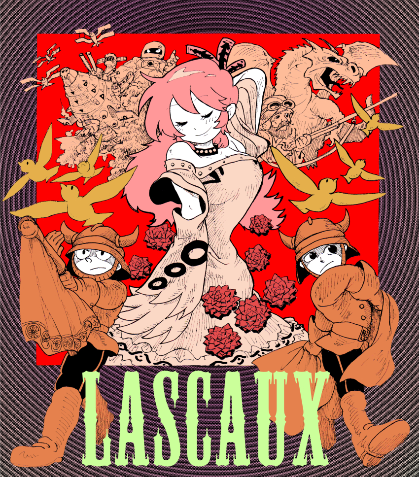 1girl 3boys absurdres arm_behind_head arm_up bird breasts dragon closed_eyes fake_horns flower helmet highres horned_helmet large_breasts long_hair multiple_boys original red_background red_flower red_hair sakajun smile