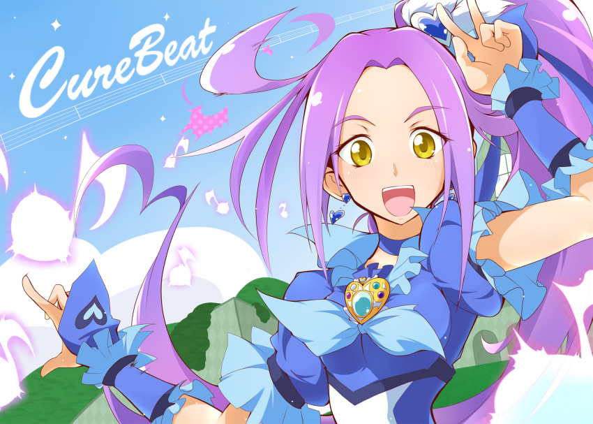 10s 1girl :d ashita_wa_hitsuji brooch character_name choker cure_beat female_focus hair_ornament heart heart_hair_ornament highres jewelry kurokawa_eren light_purple_hair long_hair looking_at_viewer magical_girl musical_note open_mouth precure seiren_(suite_precure) side_ponytail smile solo suite_precure v very_long_hair yellow_eyes