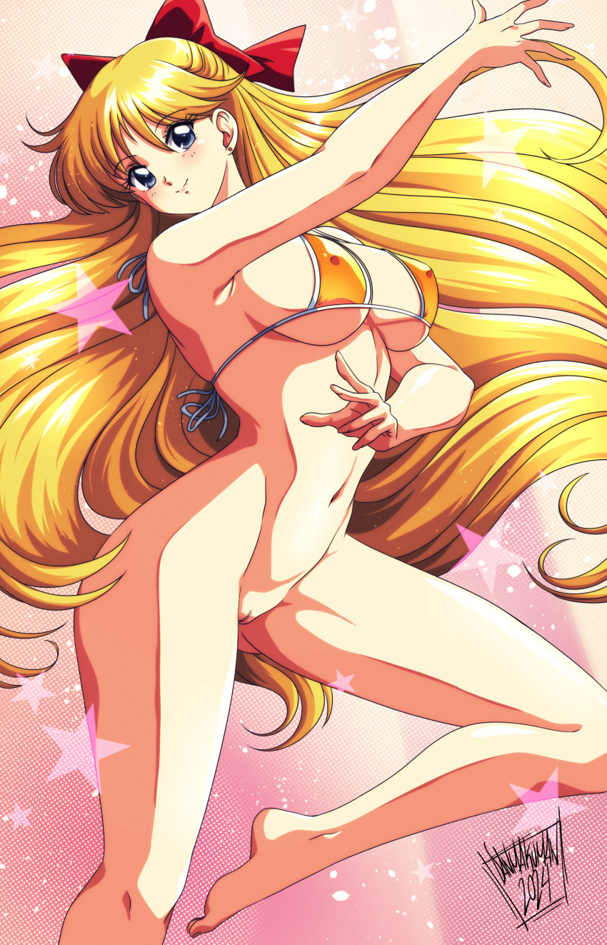 1girl 2024 absurdres adult_swim aino_minako back_bow bare_legs bikini bikini_top_only bishoujo_senshi_sailor_moon bishoujo_senshi_sailor_moon_r bishoujo_senshi_sailor_moon_r:_the_movie bishoujo_senshi_sailor_moon_s bishoujo_senshi_sailor_moon_s_the_movie:_kaguya-hime_no_koibito bishoujo_senshi_sailor_moon_supers bishoujo_senshi_sailor_moon_supers_the_movie:_sailor_9_senshi_shuuketsu!_black_dream_hole_no_kiseki blonde_hair blue_eyes bottomless bow breasts cleavage covered_erect_nipples danmakuman female_focus hair_bow highleg highleg_bikini highres large_breasts long_hair looking_at_viewer navel open_mouth orange_bikini pussy red_bow sailor_venus signature skindentation smile swimsuit thigh_strap toei_company toonami very_long_hair viz_media
